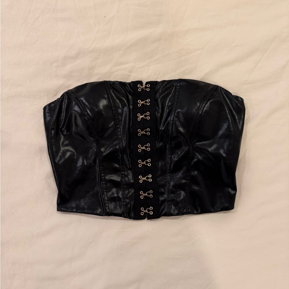 faux leather Black Strapless Corset Top